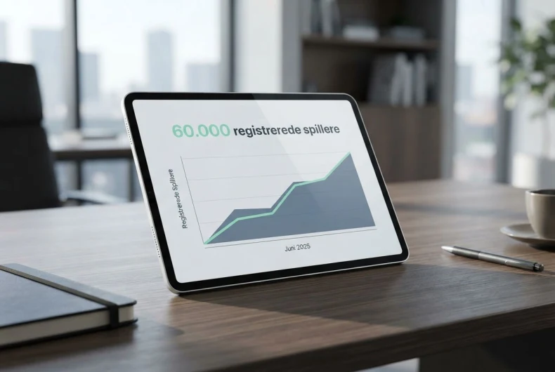 En digital skærm, der viser en overskuelig statistik med 60.000 registrerede spillere i juni 2025.