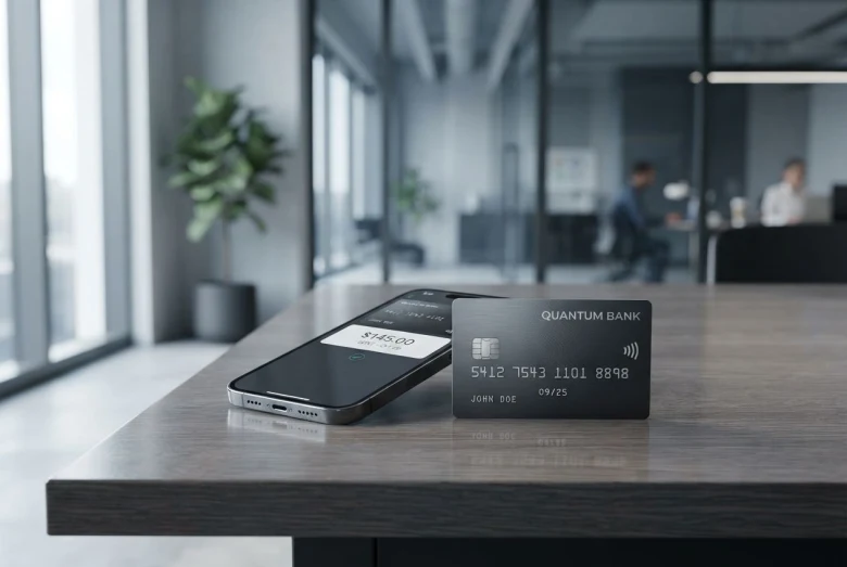 Moderne digitale betalingsmetoder præsenteret med en stilfuld smartphone og et kreditkort på et rent skrivebord.